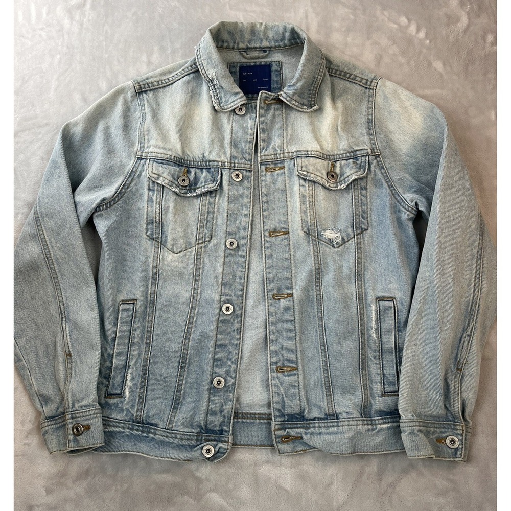 Zara Man Trucker Jacket Men Small Blue Distressed Denim Outdoor Excellent